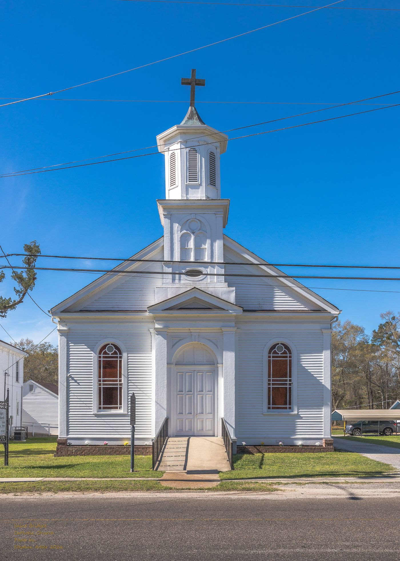 The front entrance of St. Bridget Catholic Church in Whistler, Alabama